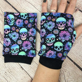 Blue Skulls and Flowers fingerless gloves