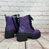 Purple leopard chunky heel ankle boots