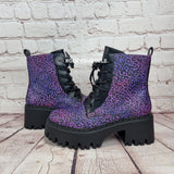 Purple leopard chunky heel ankle boots