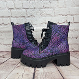 Purple leopard chunky heel ankle boots
