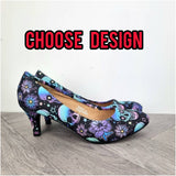 Skulls and blue flowers 3inch mid heels